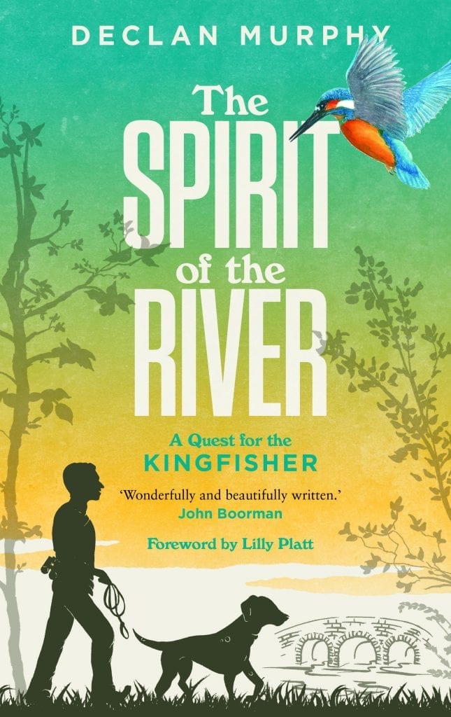 Front cover of The Spirit of the River, showing the silhouette of a man walking his dog with a kingfisher, in full colour, flying overhead