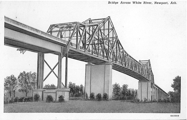 A black and white postcard of a steel-frame encased bridge on concrete stanchions. The top right-hand corner of the frame bears the inscription "Bridge Across White River Newport, Ark."