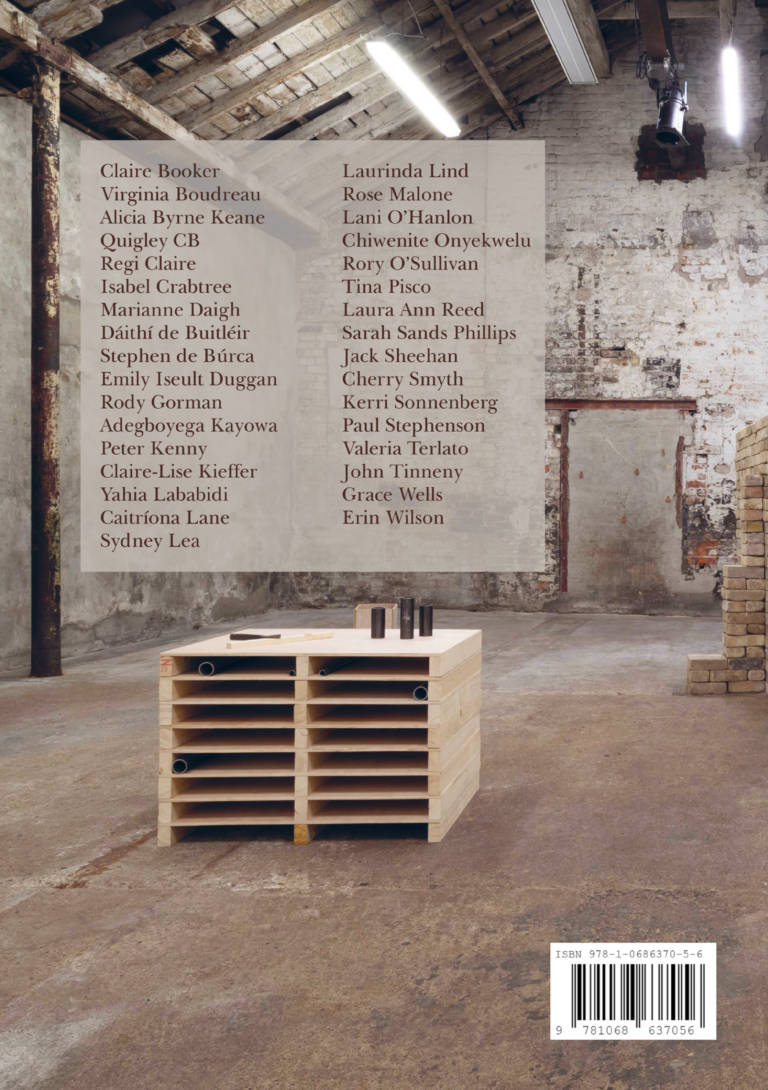 Back cover of Channel Issue 14, featuring names on contributors on a grey background laid over a photograph of an art exhibition featuring sculptural pieces made from industrial materials.