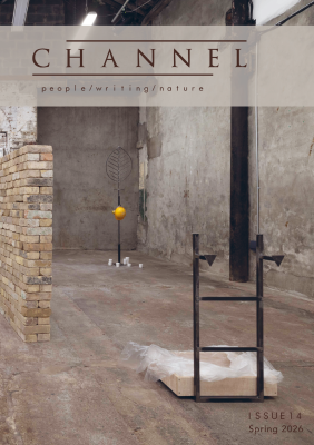 Front cover of Channel Issue 14, featuring a photograph of an art exhibition including several sculptural pieces: a brick wall in the middle of the room, a piece featuring a small ladder and a metal sculpture with a leaf shape at the top and yellow hard hat hanging from it.